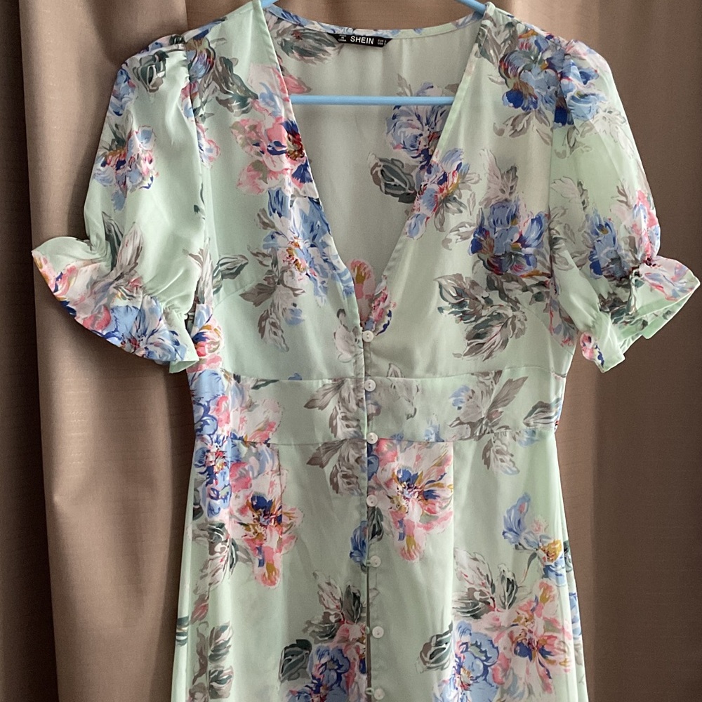 🐰🐣 SHEIN Mint Floral Maxi Chiffon Dress